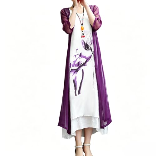 Honwenle Women's Linen Dress 2 Piece Outfit with Jacket Formal Casual,Purple,2X-Large