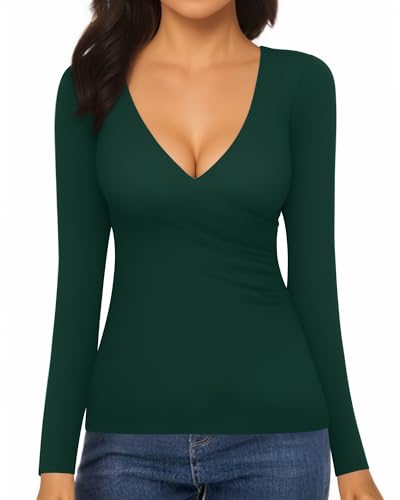 Image of Mangopop Women' Surplice Ruched Plunge Neck Deep-V Long Sleeve Bodysuit Jumpsuits