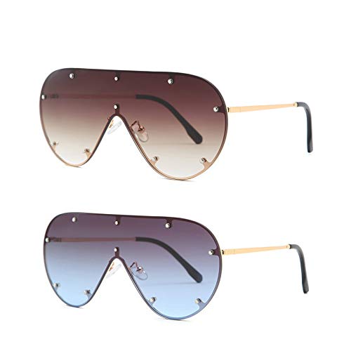 2Pack punk Oval Oversized Sunglasses For Women Vintage Square Men Punk Sun Glasses One Piece Luxury Brand Hip Hop Eyewear Rivet (2Pack-gold gary&brown)