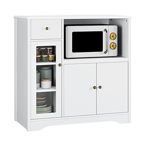 HOCSOK Sideboard Weiss, Küchenschrank mit Mikrowellenregal Türen und Schubladen Aufbewahrungsschrank für Esszimmer, Küche 90 x 40 x 82 cm Cover