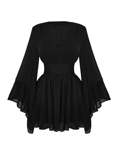 BEAUDRM Women's Plus Size Western Cowgirl Dress Bell Sleeve Hippie Mini Dress Mesh V Neck Outfits A Line Casual Dresses Black 3X-Large Plus