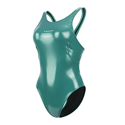 LEOHEX Kristall Diamant Starlight Einteiliger Badeanzug Glänzend Wetlook Enamel Bademode Slim Bodysuit Monokini Swimsuit(XXL,Grün)
