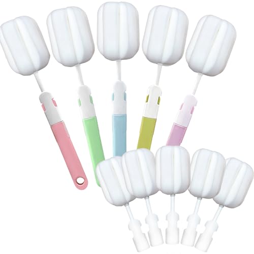 Image of INVODA Sponge Nipple Bottle 5 PCS + Replaceable Brush Heads 5 PCS Baby Bottle Brushes Long Handle Cup Scrubber Brush Portable Sponge Cleaning Brush