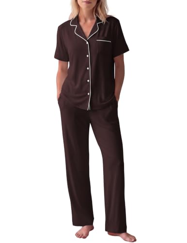 Image of HNG Women Pajamas Set 2 Piece Button Up Pajamas Pant and Short Sleeve Shirt for Woman Pj Sets with Pocket