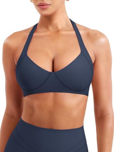 Image of YEOREO Women Halter Sports Bra Light Support V Neck Padded Strappy Open Back Workout Gym Tops
