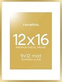 Homeforia 12x16 Picture Frame Gold, High End Metal 12x16 Poster Frames with Mat 9x12 for Photo, 12 x 16 Gold Frame Matted to 9 by 12 Print, 16x12 Thin Hanging Frame, Tempered Glass, Wall Kit, Set of 1