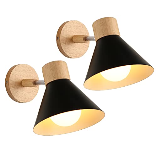 LIGKIN 2 Piezas Applique de Pared Interior Moderna Lámpara de Pared Ajustable E27 Apliques Vintage Lámpara Pared de Madera para Dormitorio Salón Café Lectura, Ø18cm