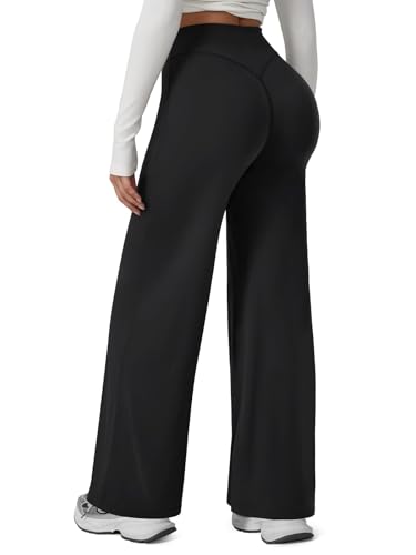 Straight Leg Leggings Women Butt Lifting High Waisted Wide Leg Yoga Pants No Front Seam Workout Gym Lounge Pants-Black-S