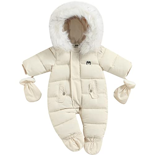 Loalirando Giubbino Neonato Unisex 6-24 Mesi con Cappuccio e Zip Tuta Imbotita Bimbo Invernale con Guanti e Scarpe Caldo Piumino Bambino Romper Regalo (Bianco, 6-9 Mesi)