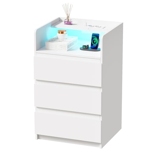 ANWBROAD Mesita de Noche con Enchufes Integrados,Mesilla de Noche con Tira de Luces LED,3 Cajones 1 Compartimento,Mesita de Noche Moderna para Dormitorios Salones (1, Blanco) BNS004W