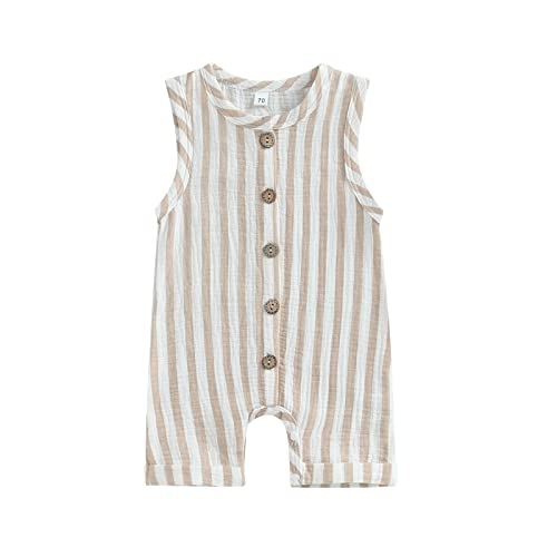 Infant Baby Boys Girls Cotton Linen Jumpsuits Sleeveless Button Down Striped Short Overalls Romper Summer Fall Outfits (Light Brown, 12-18 Months)