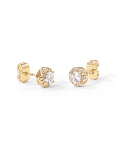 Image of PAVOI 14K Gold Plated 925 Sterling Silver Post Brilliant Round Faux Diamond Halo Earrings - Premium Cubic Zirconia