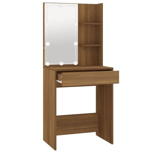 Tocador con cajon y estantes de madera roble con espejo LED moderno 4
