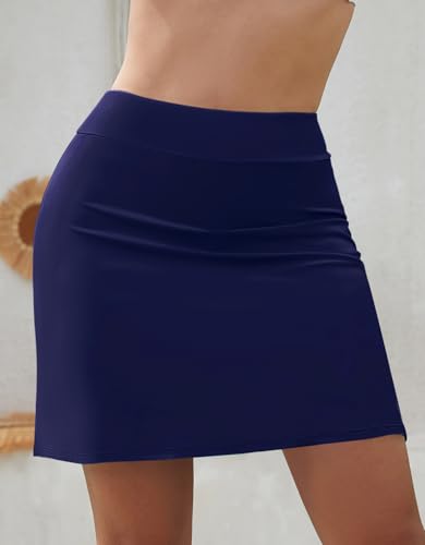 SHEKINI Saia feminina de cintura alta para nadar modesta, saia de banho com controle de barriga, Azu