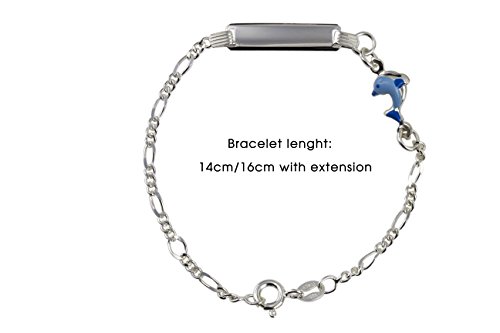 Pulsera para bautizo Plata 925 grabable con delfín azul para niño y bebé 2