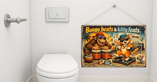 Bongo Beats and Kitty Feats Vintage Tin Sign Funny Animal Wall Decor Metal Plaque Retro Cartoon Music Cat Monkey Art Bar Garage Man Cave Home Wall 8x12 Inch Pre Drilled Holes - Image 3