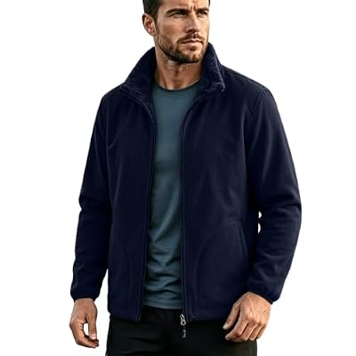 Men Fleece Zip Up Jacket Long Sleeve Stand Collar Warm Loose Fit Jackets Fall Winter Comfy Casual Tops with Pockets Navy