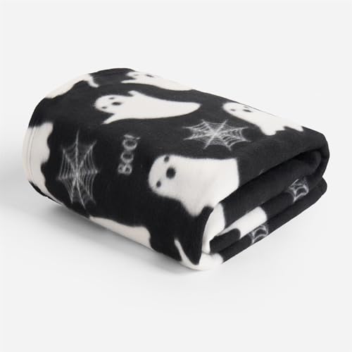OHS Fleece Throw Blanket for Sofa Soft Warm Halloween Blankets for Bed Fun Ghost Pattern Polar Fleece Blanket Lightweight Fluffy Sofa Throw Boys Girls Gifts Black - 120 x 150cm