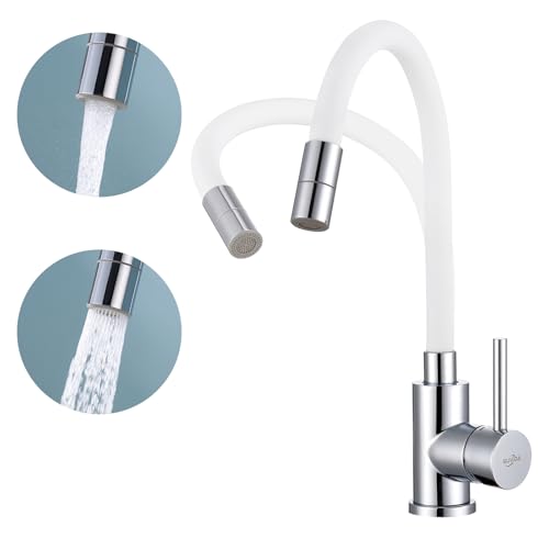 SUVIDA Robinet de Cuisine Flexible, Robinet Salle Bain avec 2 Types de Jets, Robinets d'évier Blanc Orientable à 360°, Mitigeur Cuisine Haute Pression, Acier Inoxydable, Économie d'eau