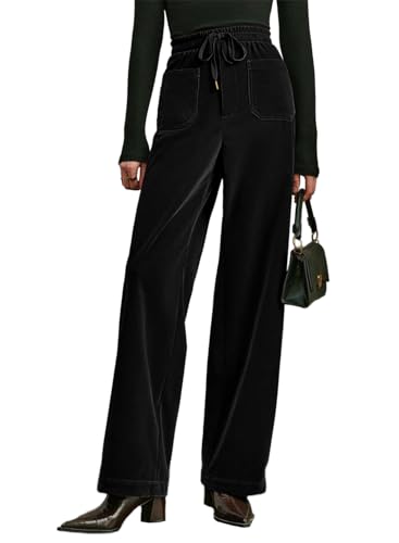 Acelitt Womens Velvet Pants Casual Elastic Waist Straight Leg Stretchy Loose Long Pant with Pockets Fall Outfits for Women