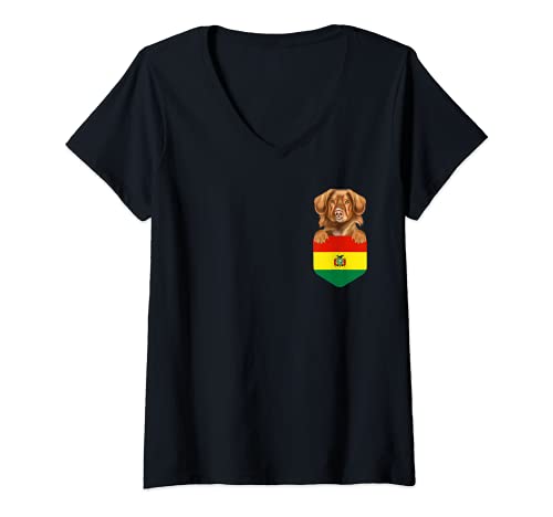 Womens Bolivia Flag Duck Tolling Retrievers Dog In Pocket V-Neck T-Shirt, Black