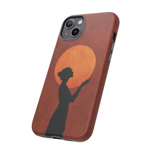 Coque iPhone 14 Plus silhouette de femme et soleil marron mat