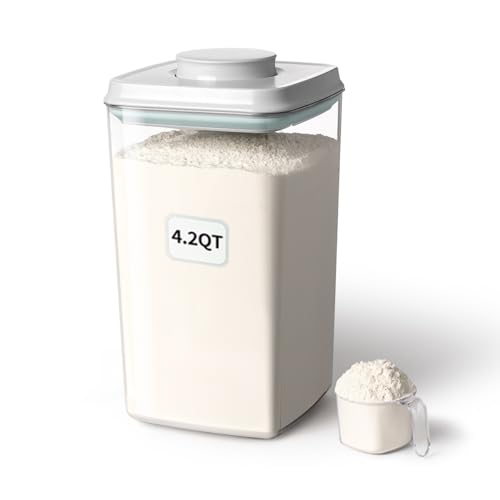 Airtight Pop Food Storage Container with Lid & 130ml Scoop, 4L/4.2qt BPA-Free Cereal, Rice, Flour, Pasta & Snack Container, Stackable & Durable,Kitchen Pantry Organizer