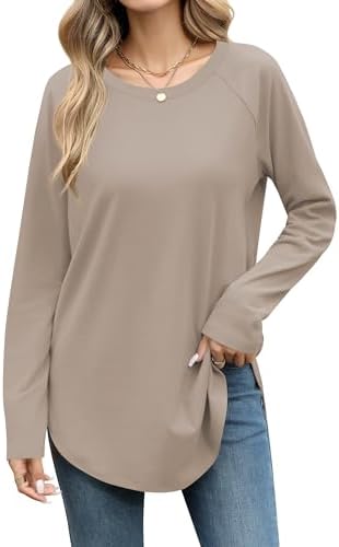 Laughido Women's Casual Raglan Long Sleeve Tunic Round Neck Curved Hem Loose Fit 2025 Basic T-Shirt Tops