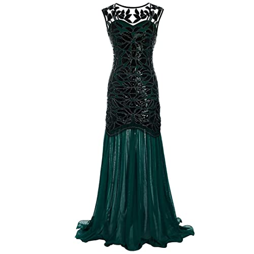 Robe de soirée maxi en maille brodée de perles scintillantes style années 20 col V fluide