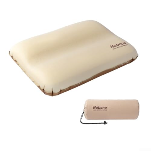 Almohada autoinflable de camping con soporte ergonómico para el cuello, cojín de viaje ligero de espuma viscoelástica para senderismo, mochileros, equipo de dormir al aire libre, (beige)