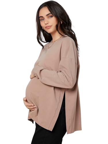 MakeMeChic Women's Maternity T-Shirt Long Sleeve Split Side Pregnancy Tee Tops Apricot M