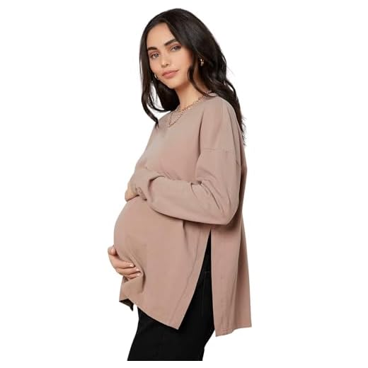 MakeMeChic Women's Maternity T-Shirt Long Sleeve Split Side Pregnancy Tee Tops Apricot S
