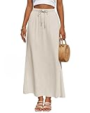 Facogoo Women's Linen Maxi Skirt Drawstring Back Slit Elastic High Waisted Flowy 2026 Summer White Long Skirts for Women