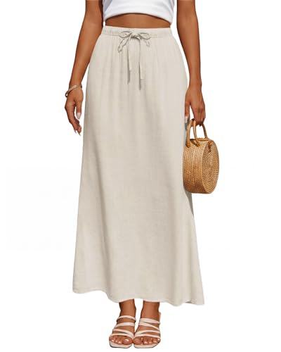 Facogoo Women's Linen Maxi Skirt Drawstring Back Slit Elastic High Waisted Flowy 2026 Summer White Long Skirts for Women
