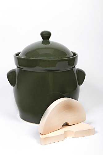Original Bunzlauer Keramik Premium Gärtopf/Einlegetopf/Sauerkrauttopf 10 Liter olive-grün - inkl. Beschwerungsstein und Deckel