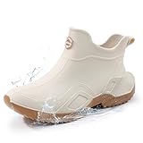 GUYISAKJ Women's Ankle Rain Boots - Slip On Waterproof Festival & Garden Shoes - Comfortable Lightweight Rubber Wellies with Decorative Buckle White