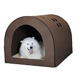 SZSXYBZ Casa de fieltro 2 en 1 para perros, cueva grande para perros y gatos, para interiores y exteriores, acogedora cama para perros con cojín ortopédico, cama antiansiedad para perros (café, M: 70