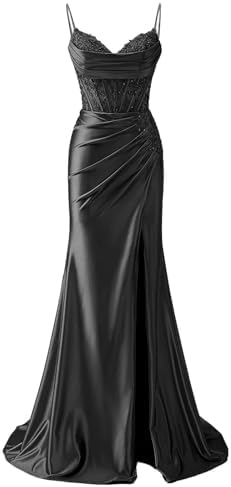 POMUYOO Mermaid Satin Prom Dresses for Women 2026 Long Lace Appli...