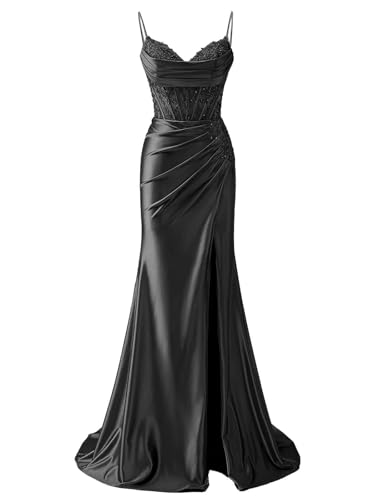 Satin Prom Dresses for Women 2025 Long Lace Applique Corset Mermaid Formal Evening Gown