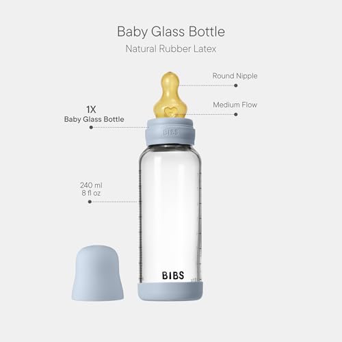 Image of BIBS Baby Glass Bottle. 8 US fl oz / 240 ml. Anti-Colic. Vented Round Natural Rubber Latex Nipple. Supports Natural Breastfeeding, Medium Flow, Complete Set - Baby Blue