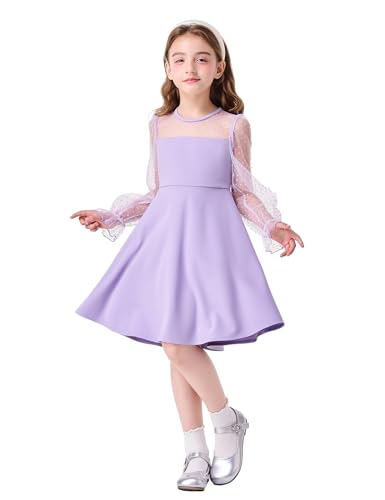 Girl's Contrast Mesh Puff Long Sleeve Girls Fall Dresses High Waist A Line Casual Party Wedding Dress 5-14 Years2