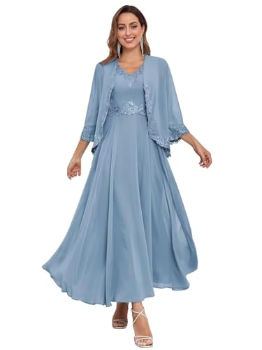 2 Pieces Mother of The Bride Dresses with Jacket Sequins Lace Chiffon Formal Evening Wedding Guest Dress