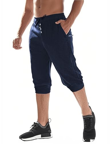EKLENTSON Men's Three-Quarter Jogger 3/4 Capri Pants for Men Athletic Gym Running Yoga Shorts Men Blue 38