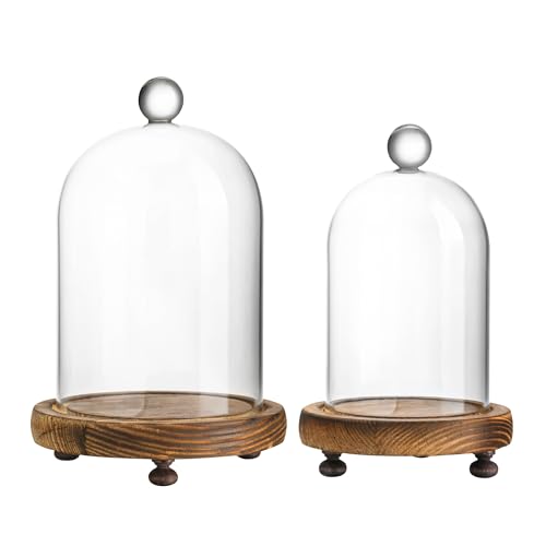 ZEERSHEE Set of 2 Cloche Glass Dome with Wooden...