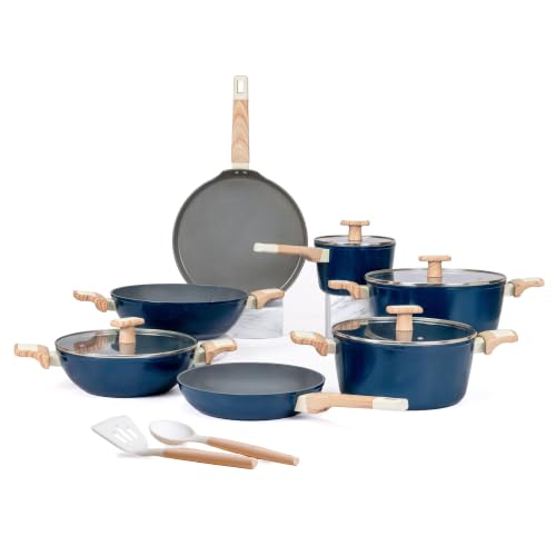 Image of Kreme Ceracook Ceramic Coated, Granite 13 Pc Cookware Set 2X Spatulas, ISI Certified Cookware Set, Forged, Gas & Induction Use, Non Toxic PFAS & PTFE Free, 1 Year Warranty, Ocean Deep Blue