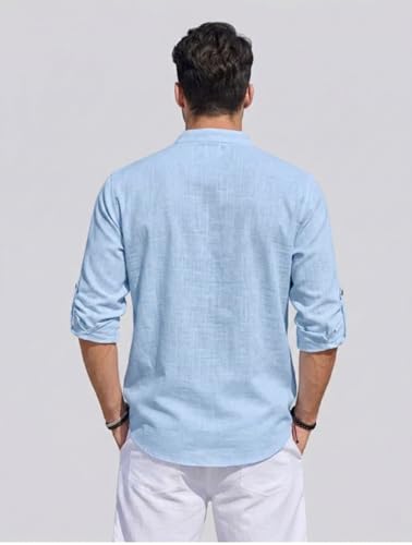 Image of Men's Cotton Blend Straight Kurta Shirt with Mandarin Collar - Slim Fit Casual Short Kurti Featuring Textured Slub Fabric and Roll-Up Full Sleeves