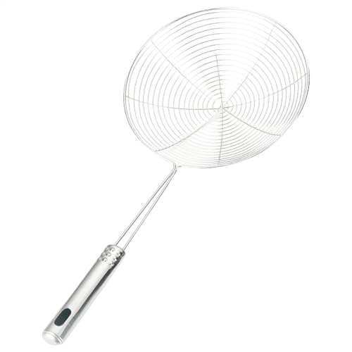 Cuchara espumadera para – Espumadera de acero inoxidable con mango largo | Skimmer de araña para pasta, sopa, pasta, asado de aceite, cesta para filtrar y cocinar, diseño colgante