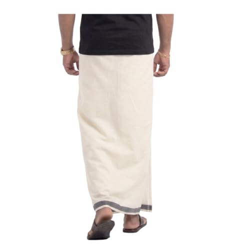 Image of Mens Print along with Border 100% Cotton Cream Dhoti 4.00 Meters Double Mundu /Vesti