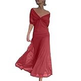 Vestido largo de gasa con hombros descubiertos con cuello en V profundo y cintura fruncida para eventos elegantes de noche y boda, Vino, L