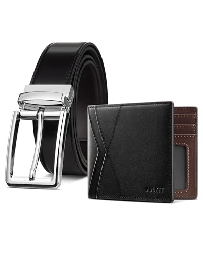 VULKIT Genuine Leather Reversible Belt & Slim Bifold Wallet - Luxury Gift Set, Black & Dark Brown Combo